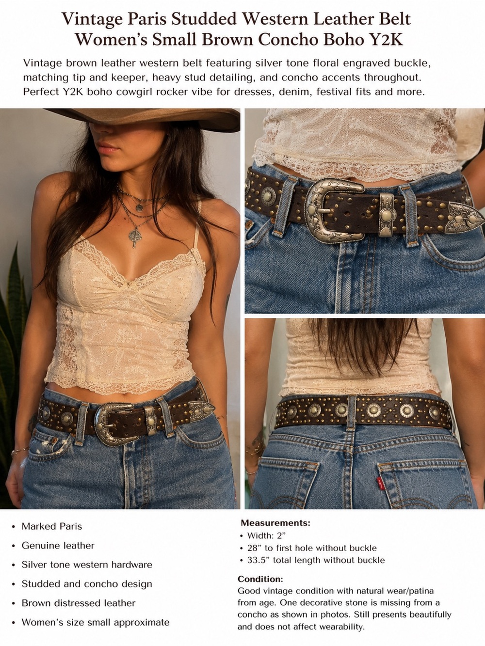 Vintage Paris Studded Western Leather Belt Women’s Small Brown Concho Boho Y2K